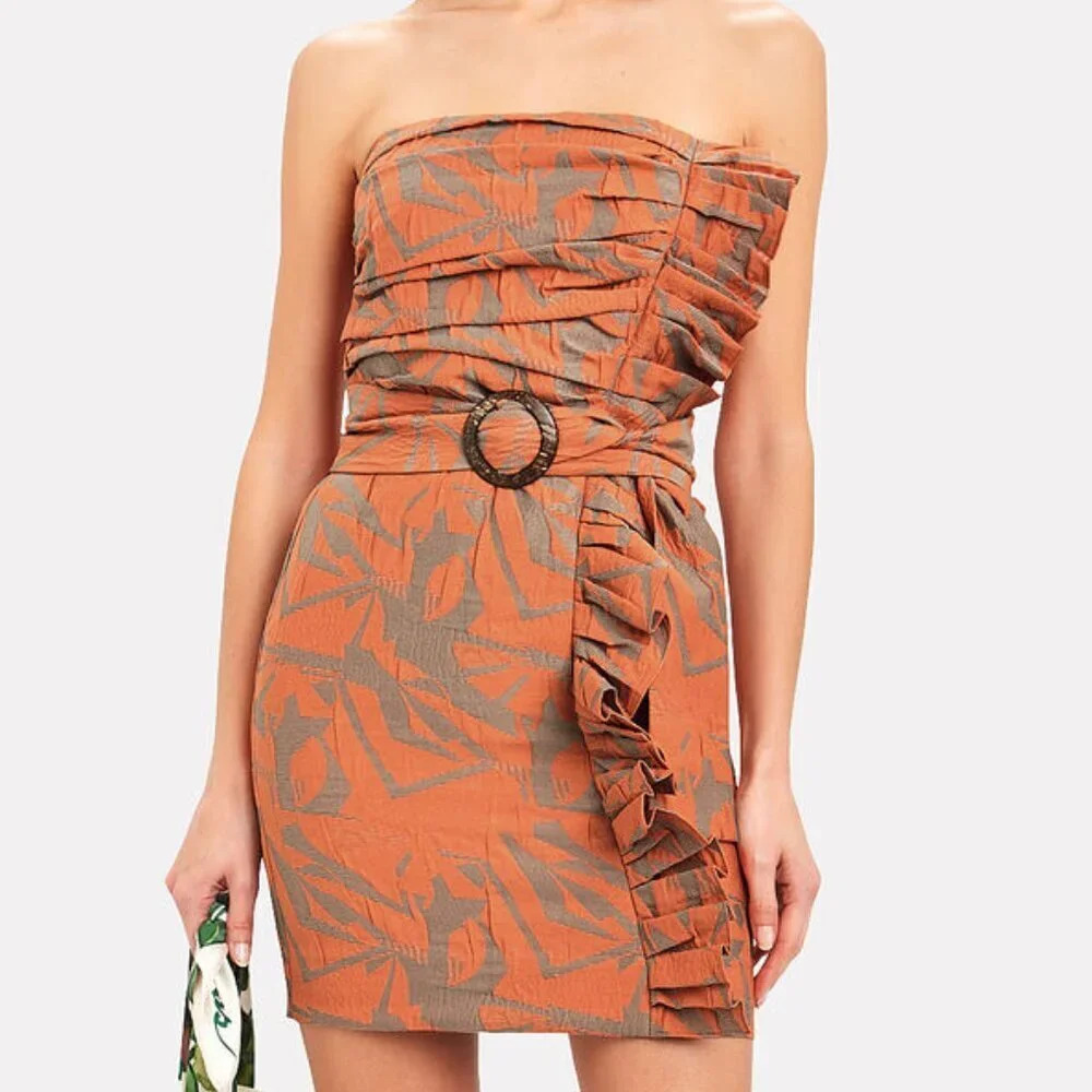 Alexis Strapless Orange and Brown Printed Mini Dress